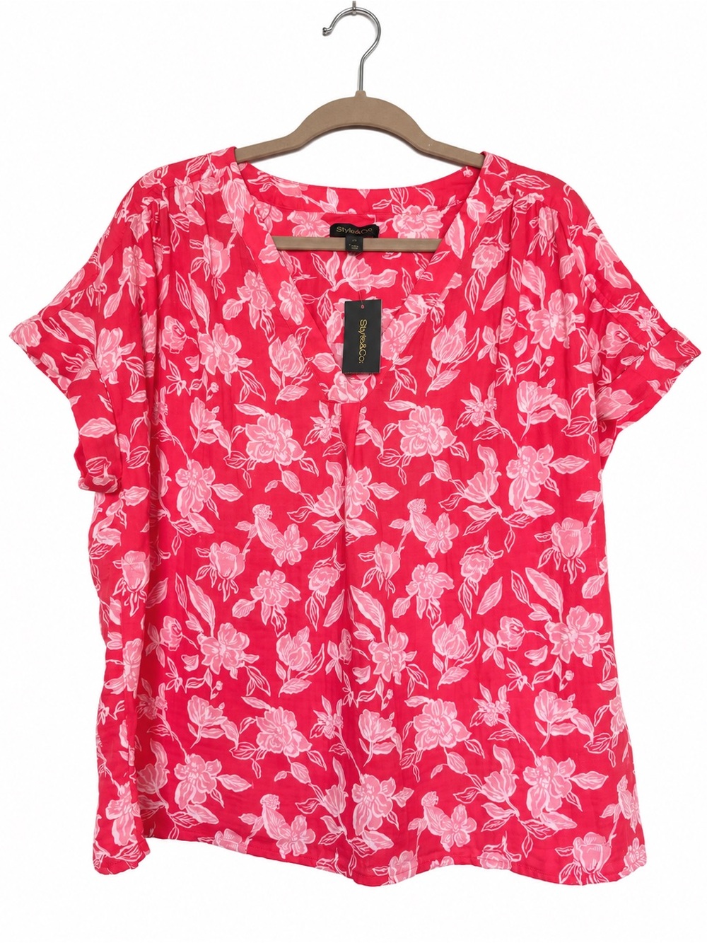 Style & Co. Coral Floral V-Neck Short Sleeve Tunic